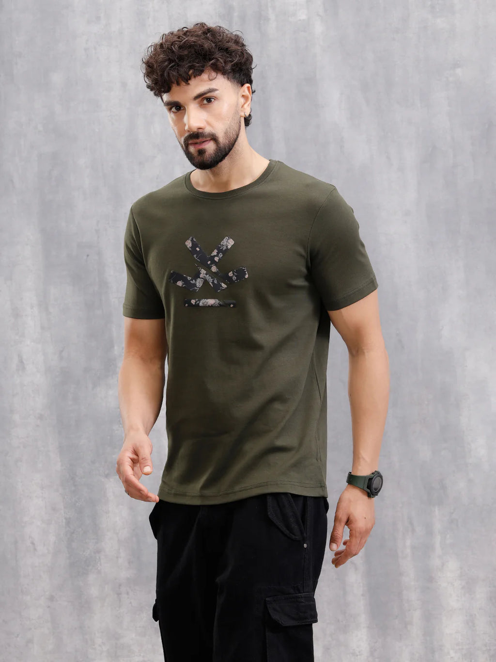 Premium Interlock Base With Dark Floral Logo Brand Carrier Crew Neck T-Shirt | Olive