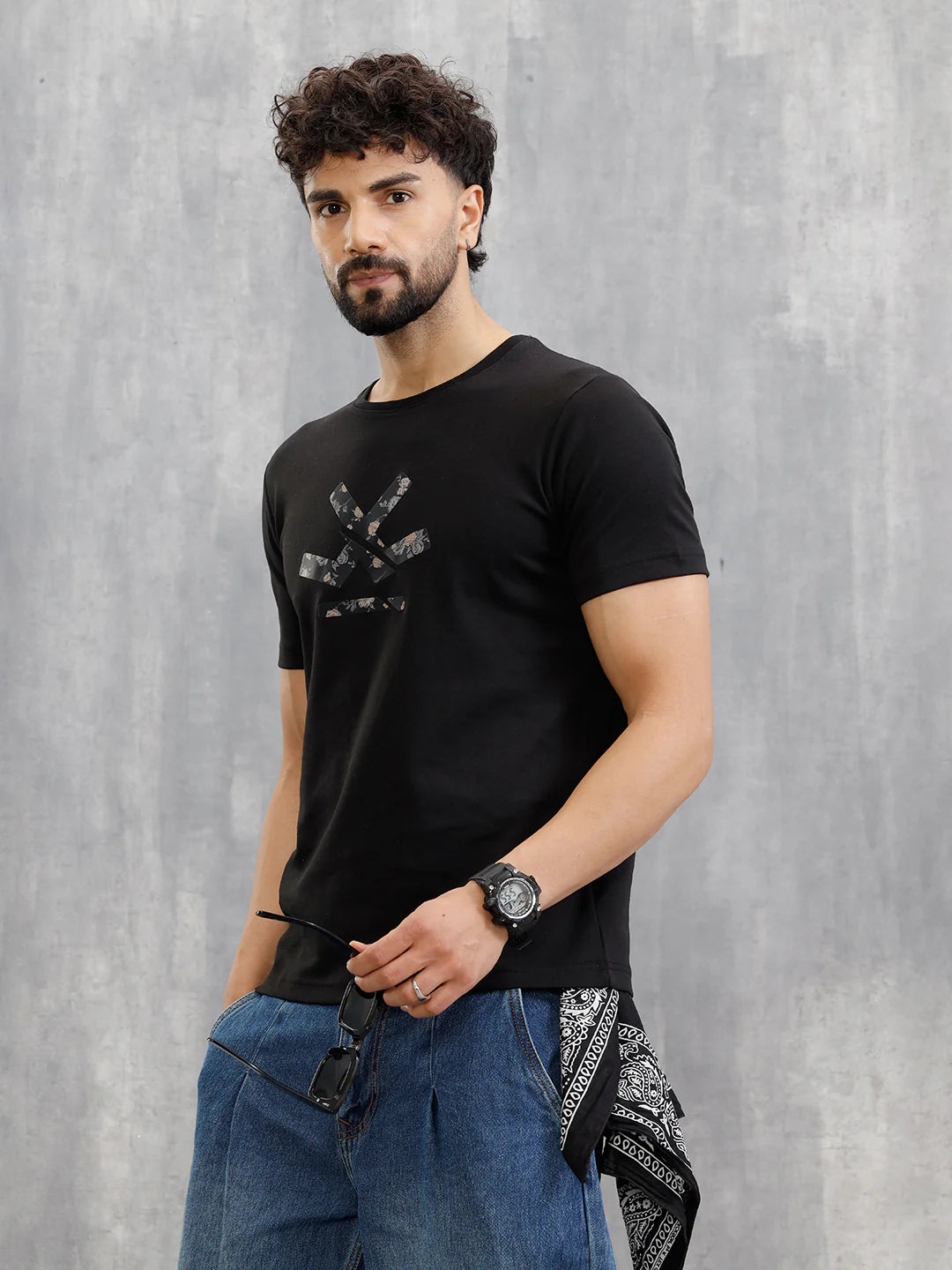 Premium Interlock Base With Dark Floral Logo Brand Carrier Crew Neck T-Shirt | Black
