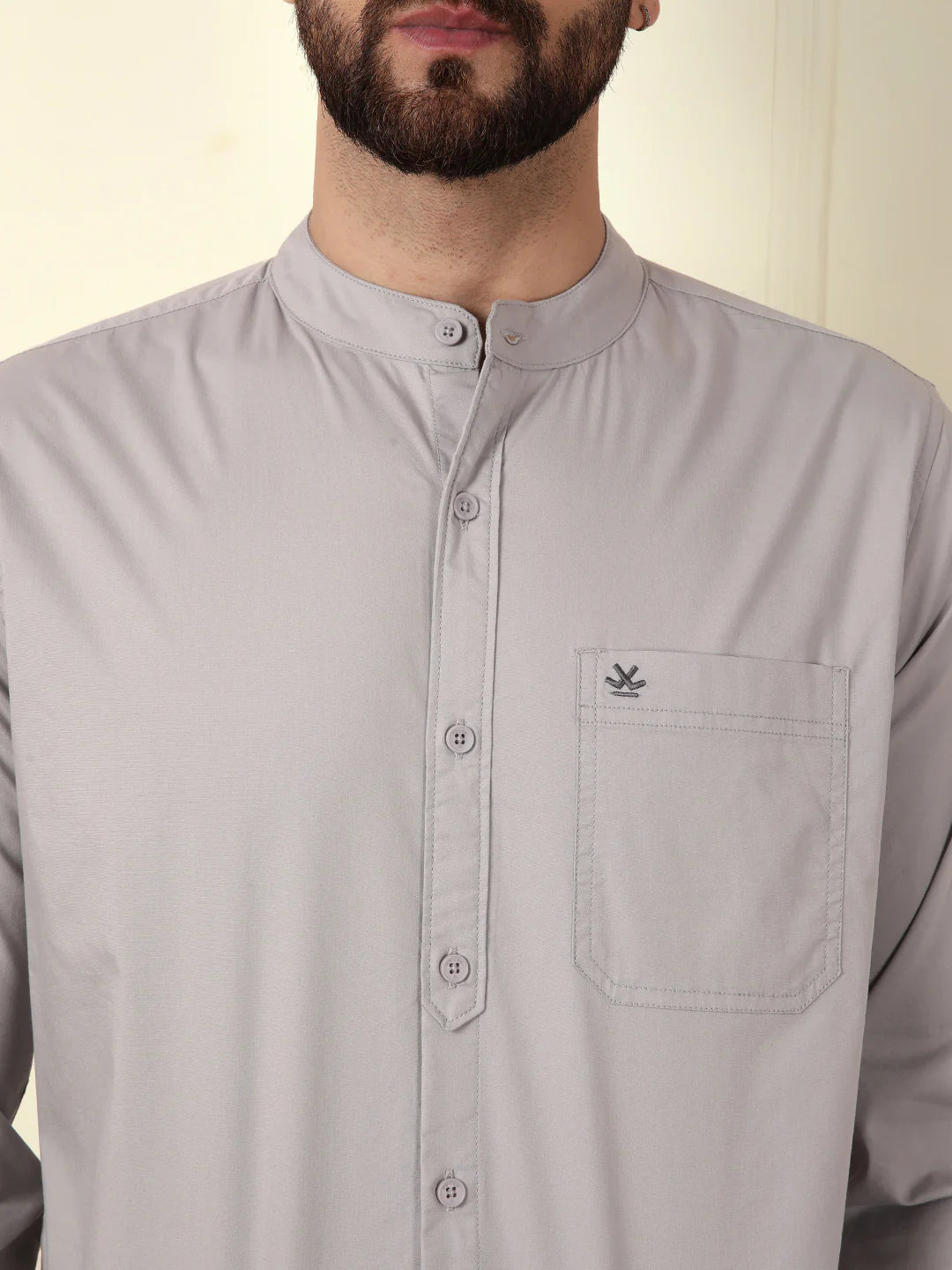 Grey Oxford Mandarin Collar Shirt