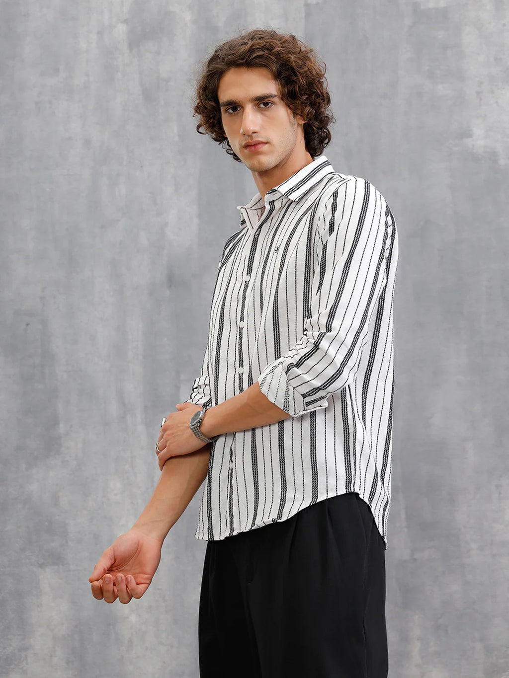 Slim Fit Stripe Shirt In Chenille Yarn | White