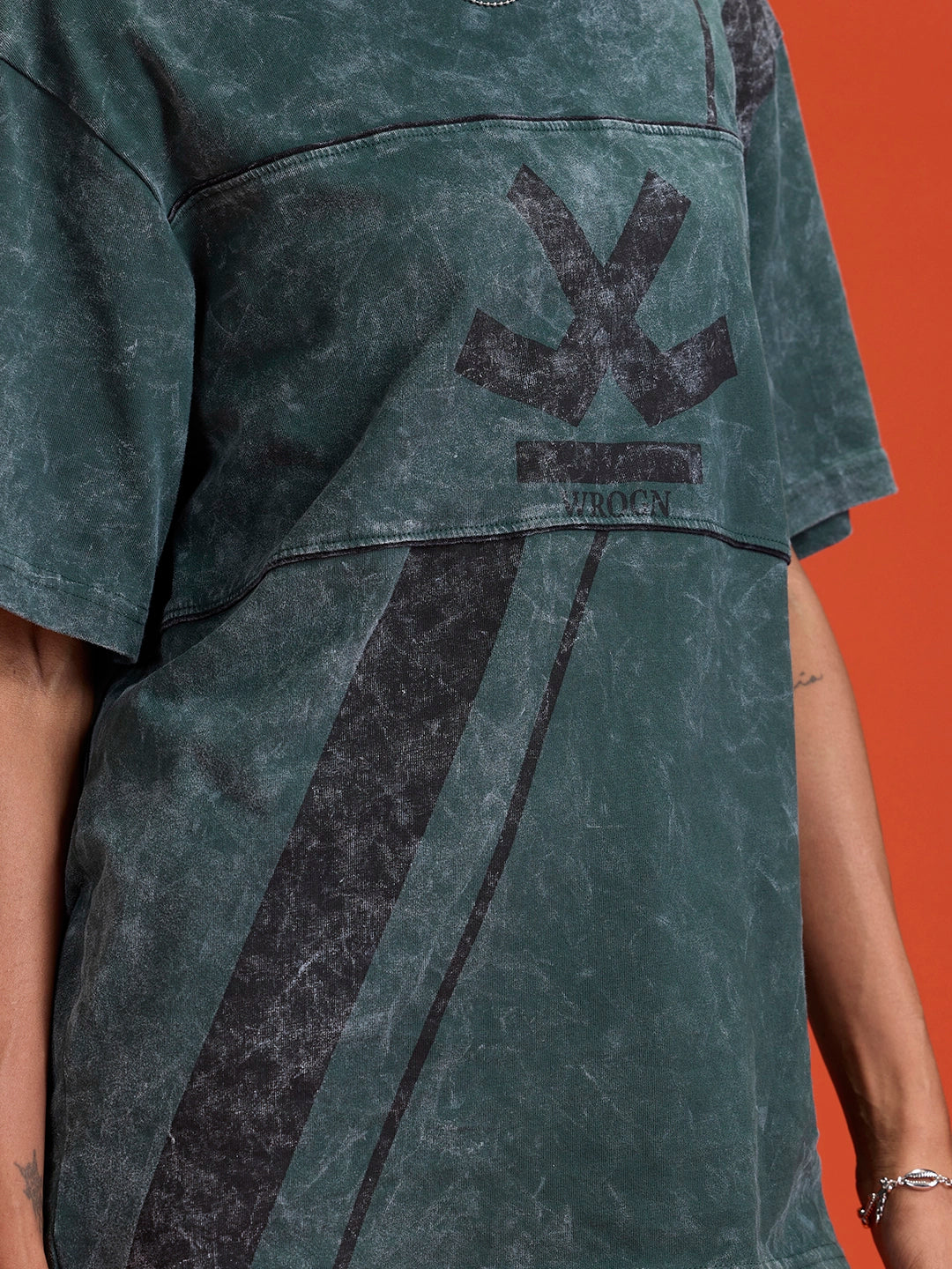 Washed Cut& Sew Graphic Printed Oversized Fit T-Shirt | Dark Green