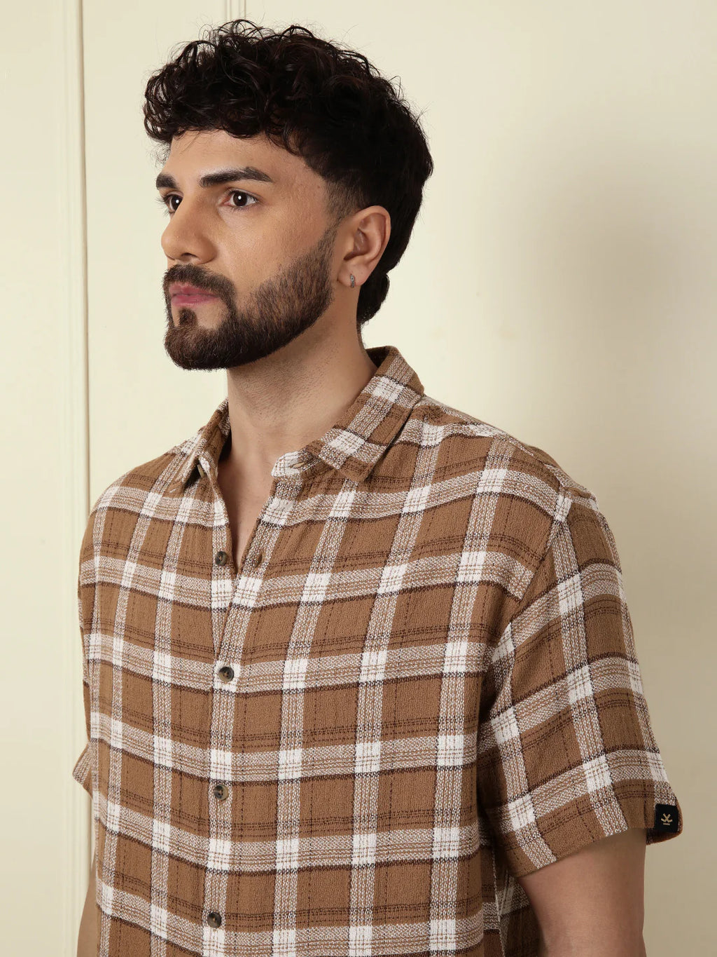 Checked Short Sleeve Textured Shirt | Brown