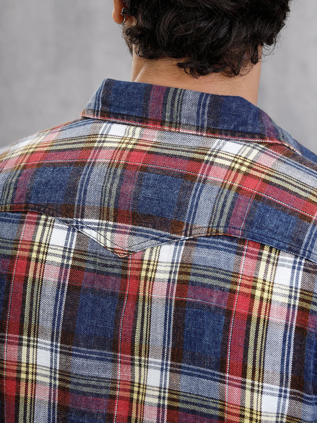 Acid Washed Indigo Check Shirt With Western Yoke | Red