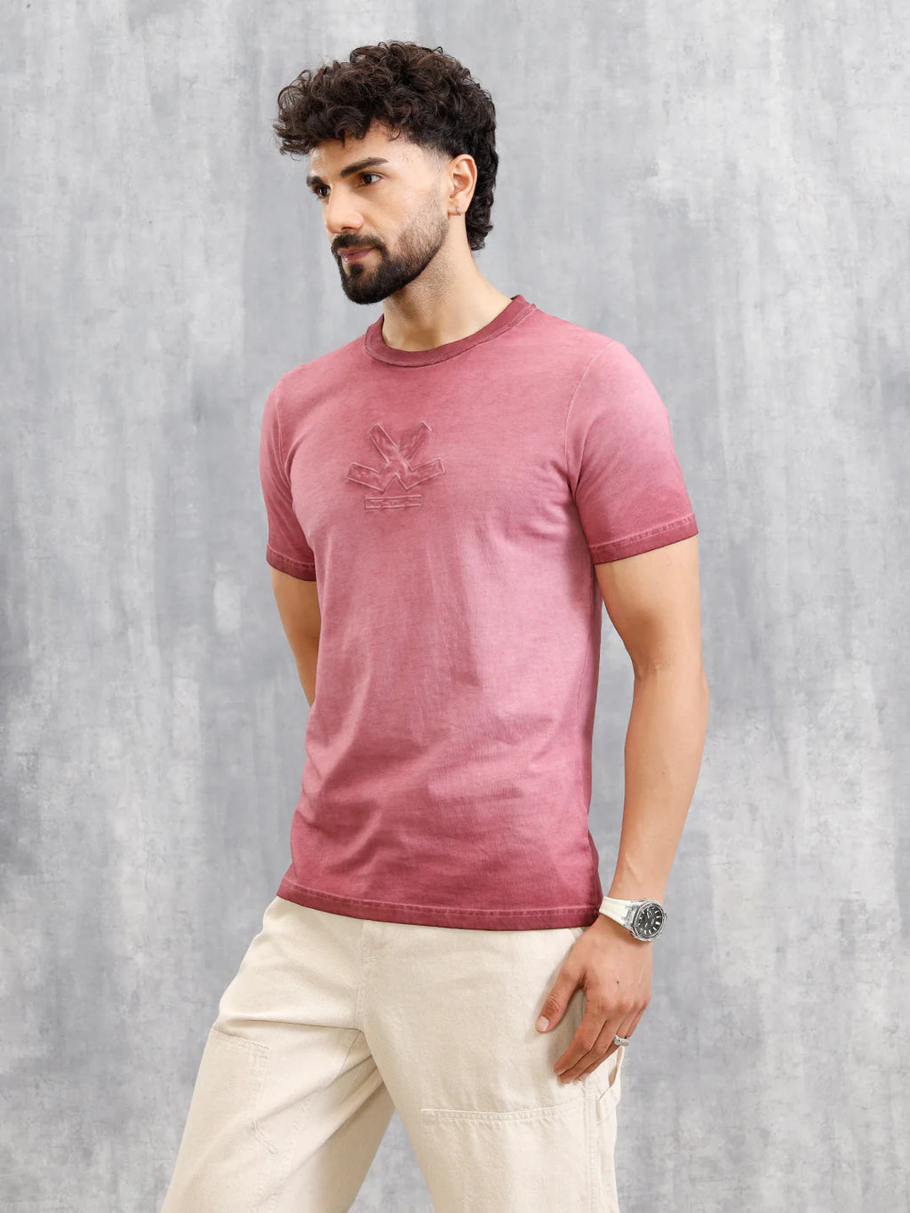 Grunge Pigment Washed T-Shirt With Logo Appliqué On Chest | Maroon