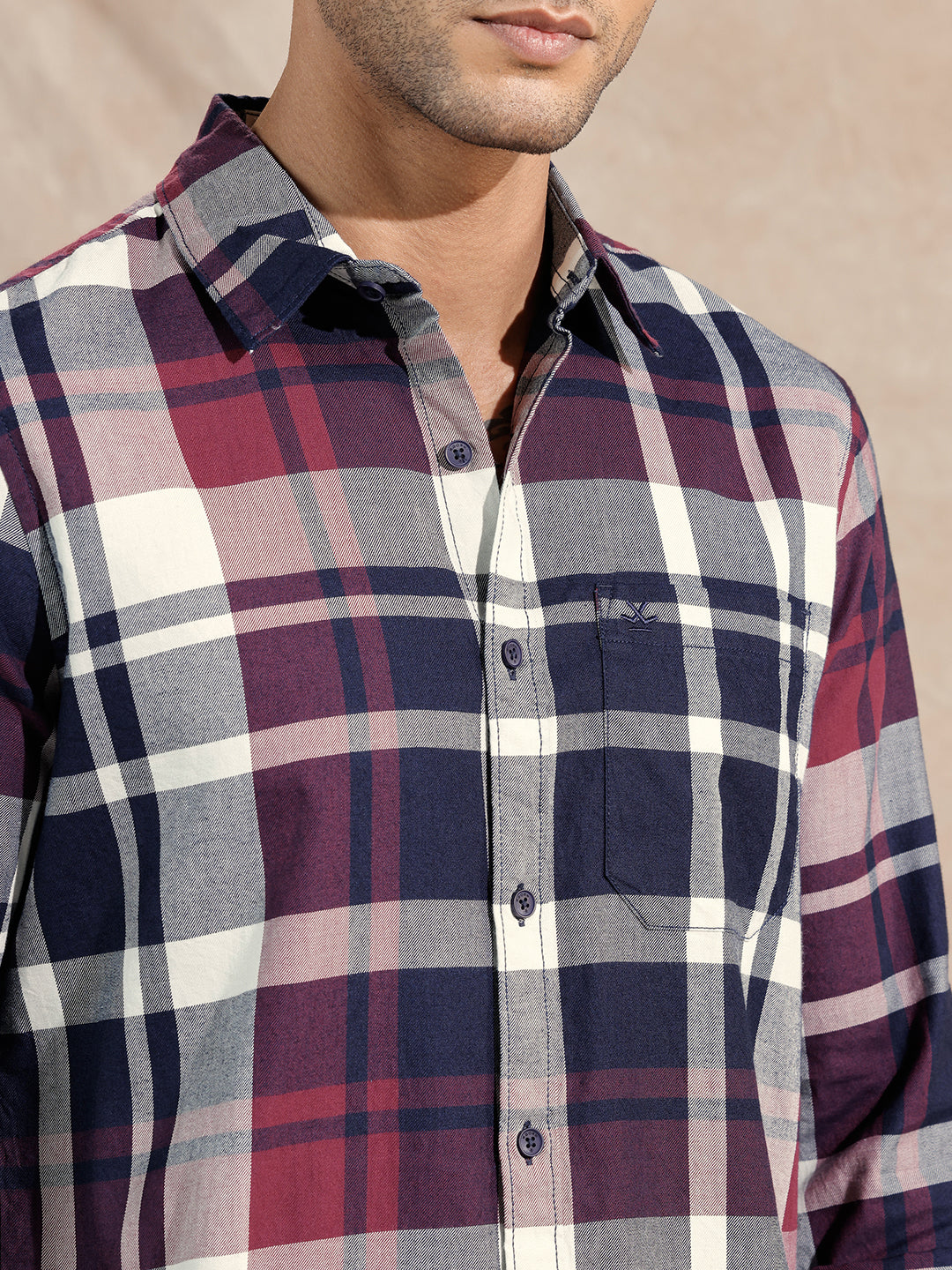 Checked Twill Slim Fit Shirt | Maroon