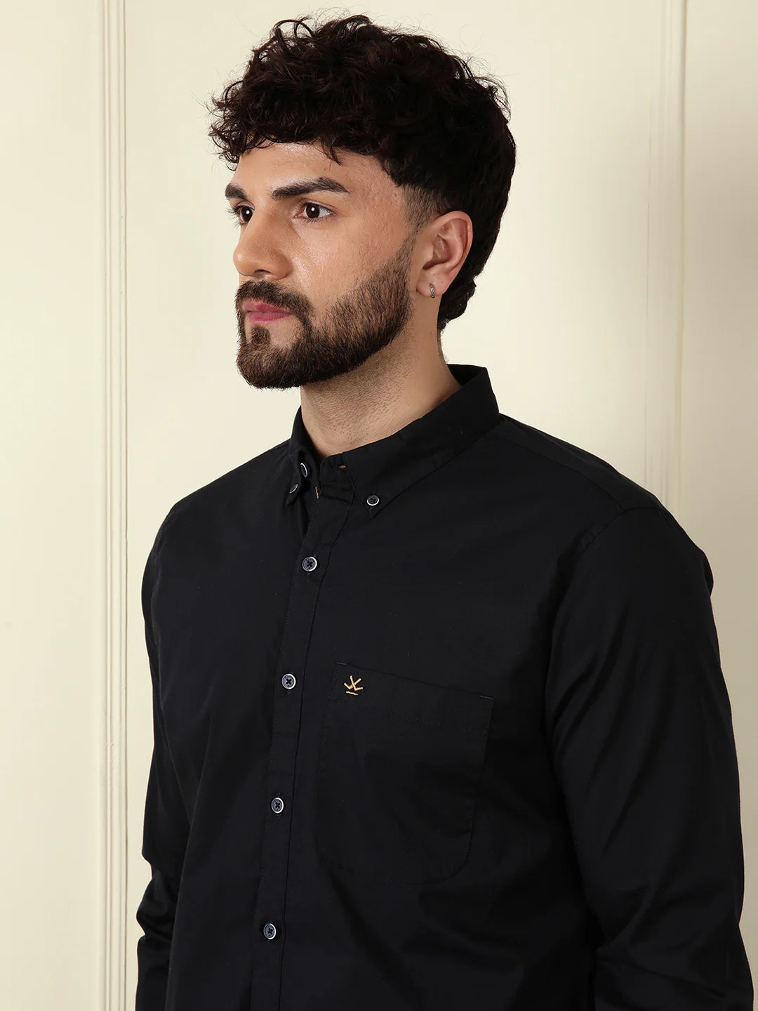 Solid Cotton Blend Stretch Shirt | Navy Blue