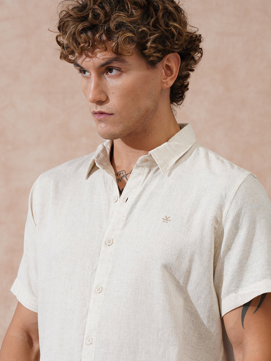 Solid Linen Blend Slim Fit Shirt | Ecru