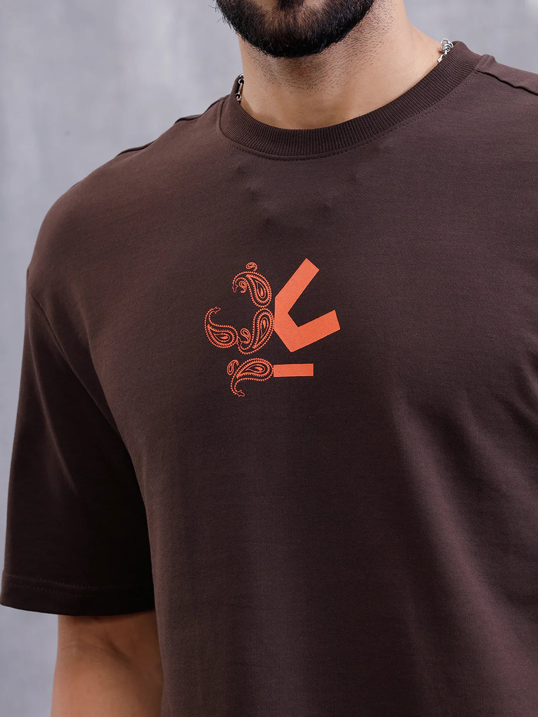Bandana Inspired Oversized Back Print Crew Neck T-Shirt | Brown