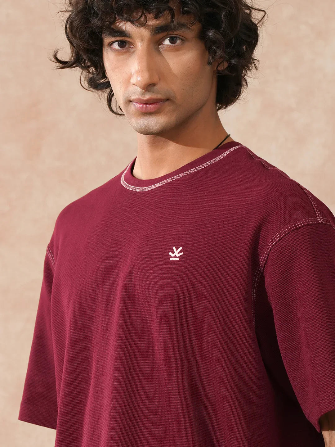 Textured Waffle Knit T-Shirt | Maroon
