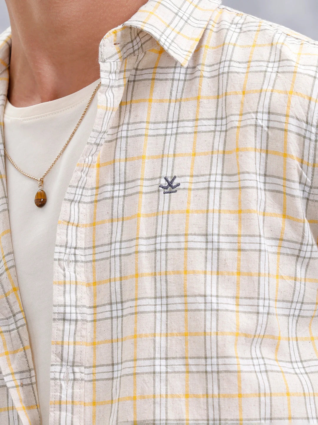 Men Checkered Pattern Slim Fit Shirt  | Beige