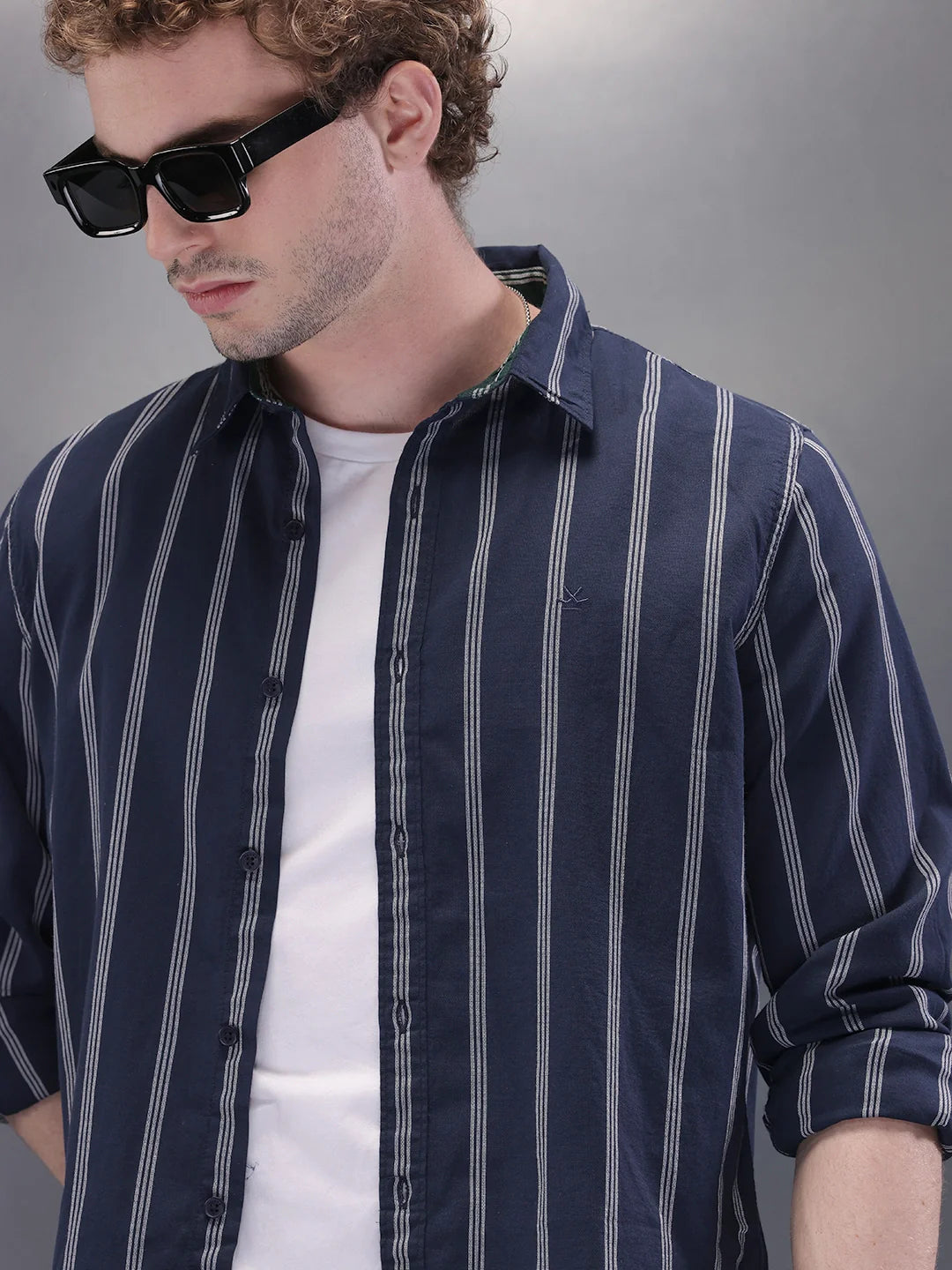 Textured Stripes Open Dobby Shirt | Navy Blue
