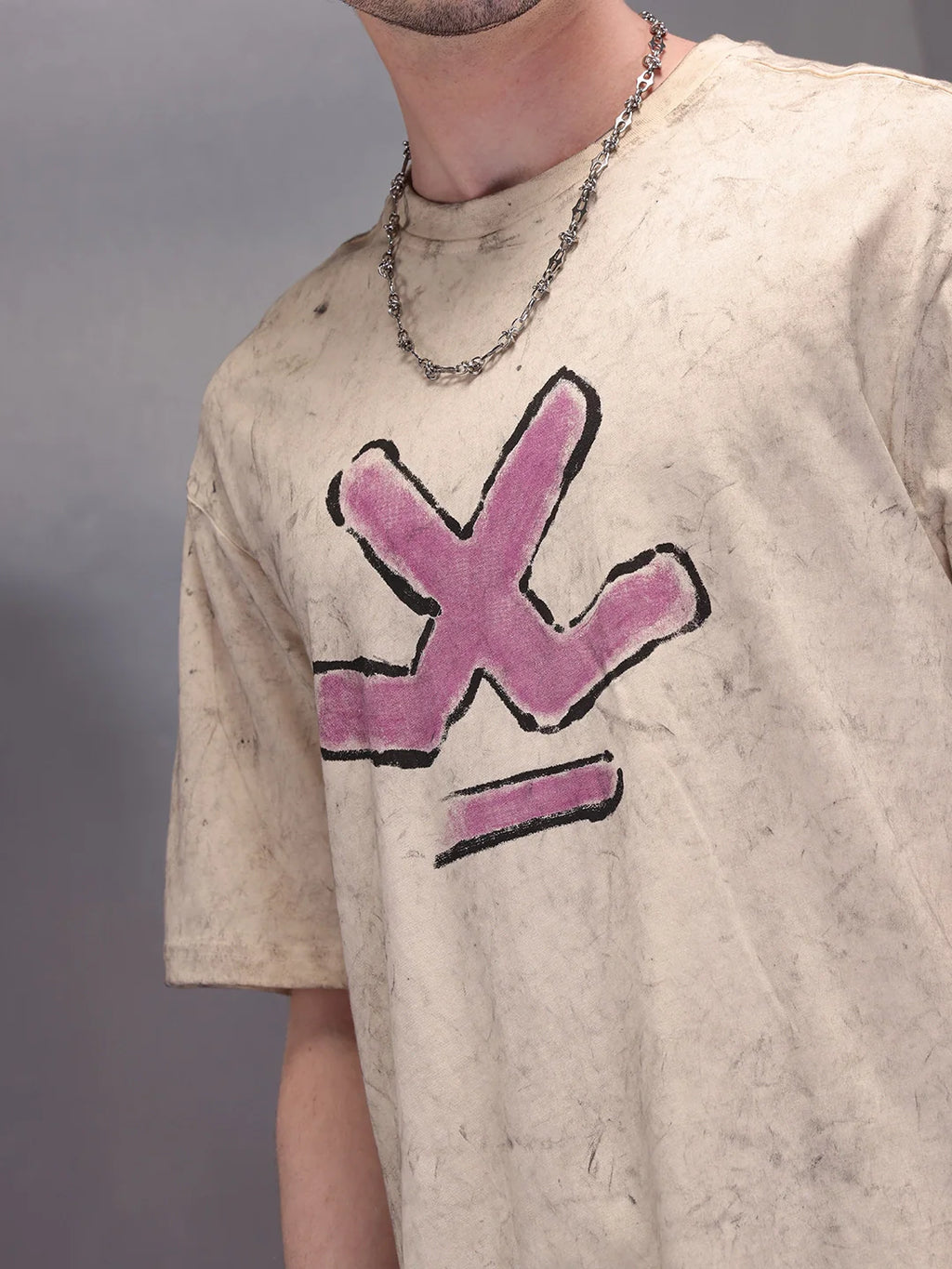 Oversized Washed Look Tee With Iconic Brand Placement Print| Beige