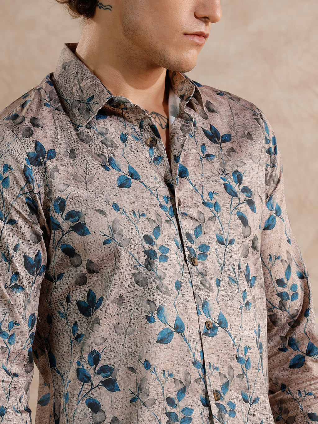 Printed Satin Slim Fit Shirt | Khaki