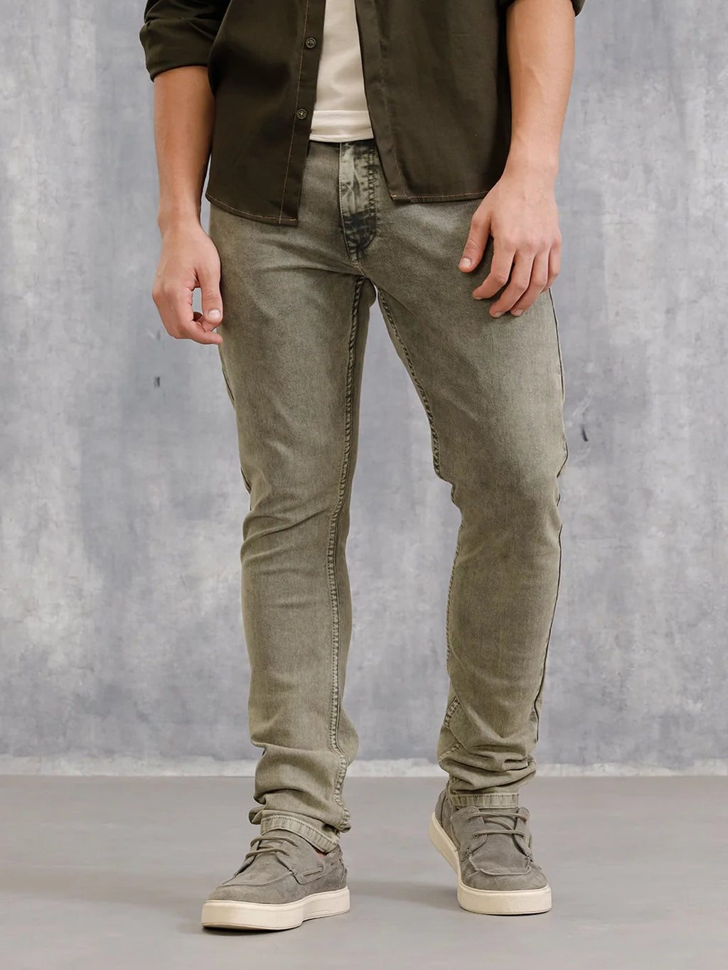 Retro Wash Overdyed Slim Fit Jeans | Olive