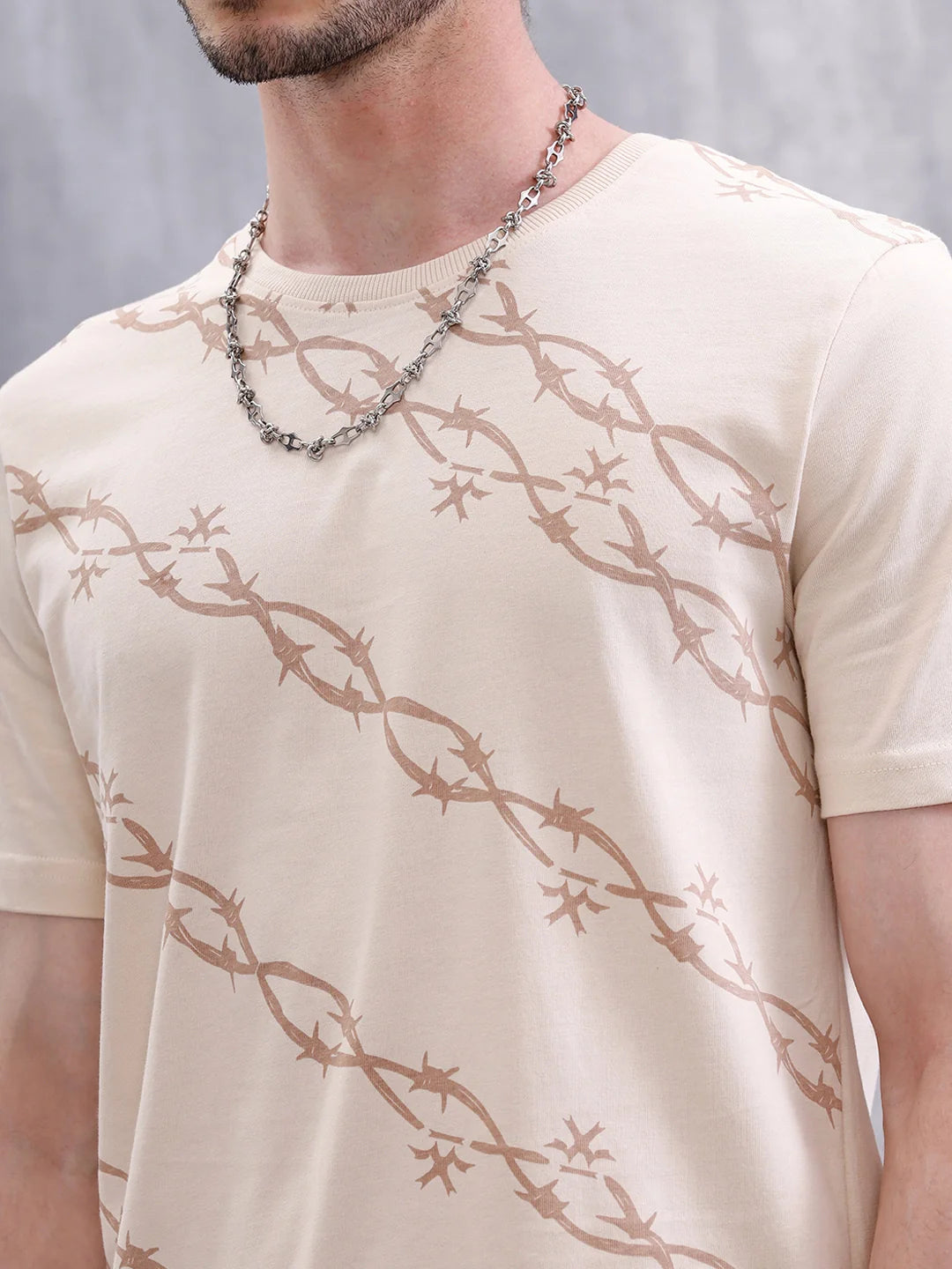 Barbed Wire AOP Slim Fit T-Shirt | Beige