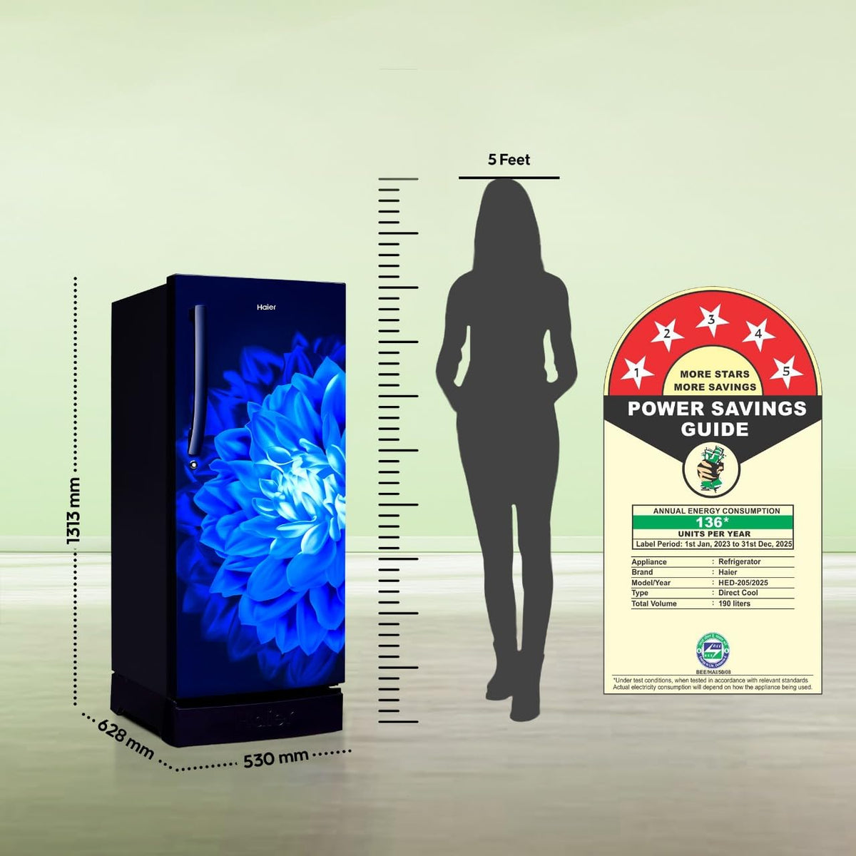 Haier 190 L, 5 Star, Direct-Cool Single Door Refrigerator (HED-205RG, Spiral Glass)