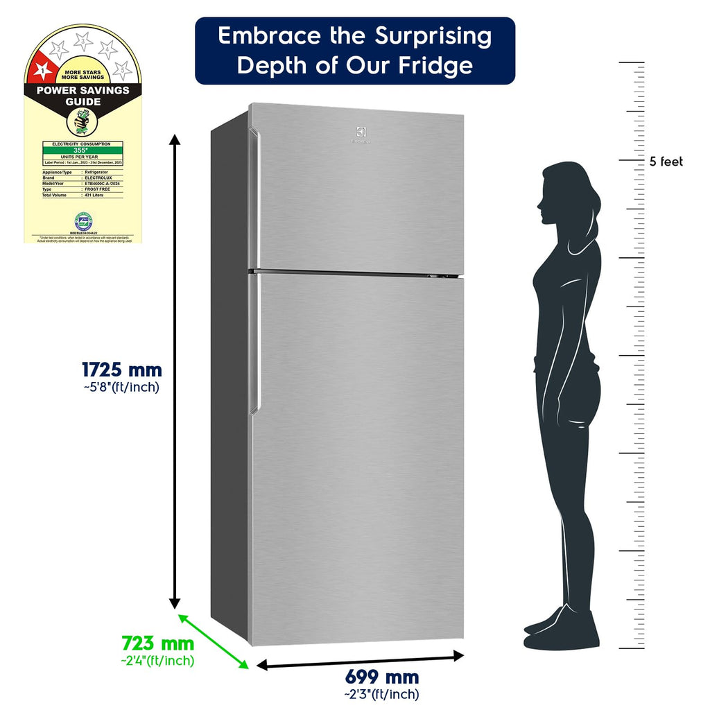 Electrolux 461L Frost Free Inverter Double Door Refrigerator, Top Freezer, TasteLockAuto & TasteGuard Technology, Arctic Silver Steel, UltimateTaste 500, ETB4600C-A | Open Box like New |