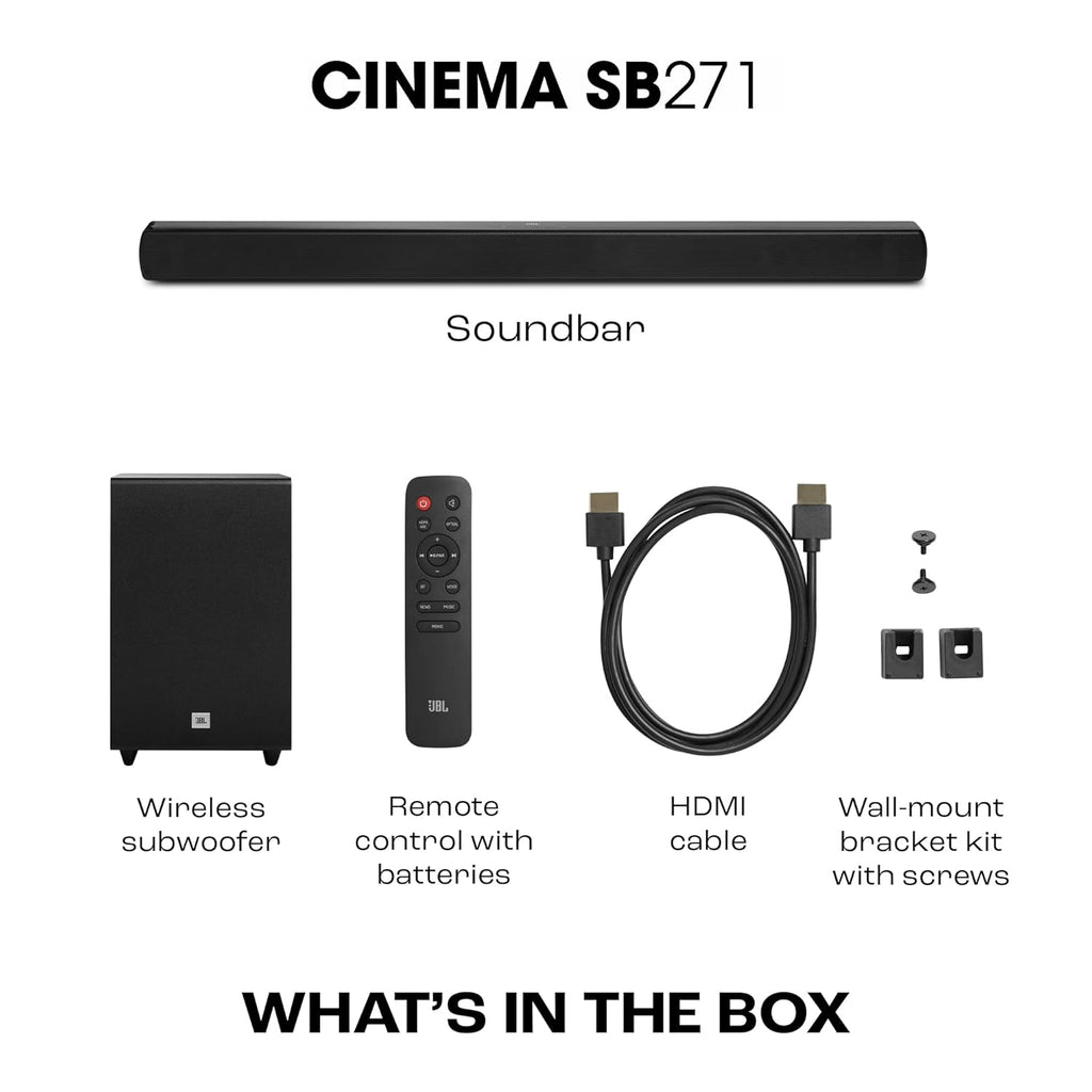 JBL Cinema SB271, Dolby Digital Soundbar with Wireless Subwoofer for Extra Deep Bass, 2.1 Channel Home Theatre with Remote, HDMI ARC, Bluetooth & Optical Connectivity (220W)