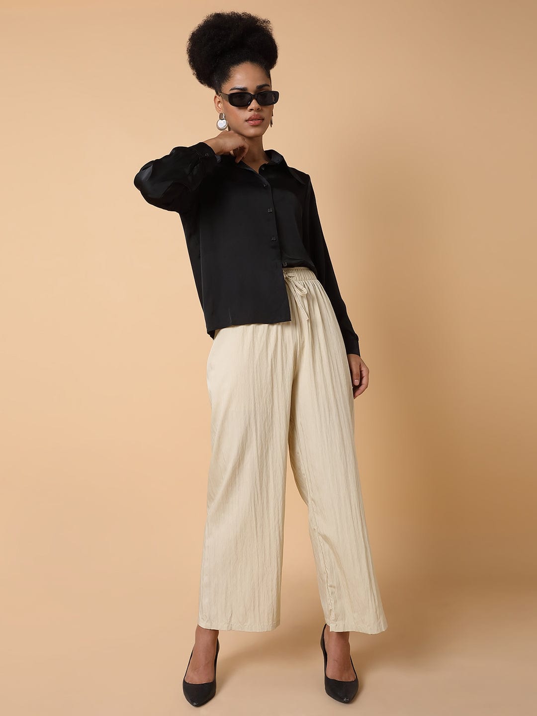 Women's Cream Striped Comfort Straight Fit Pleated Parallel Trousers