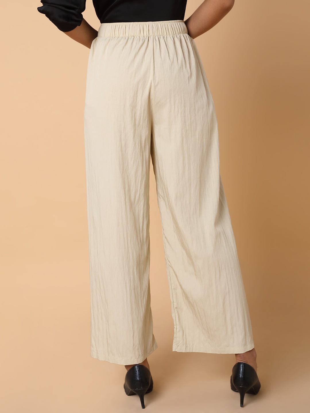 Women's Cream Striped Comfort Straight Fit Pleated Parallel Trousers