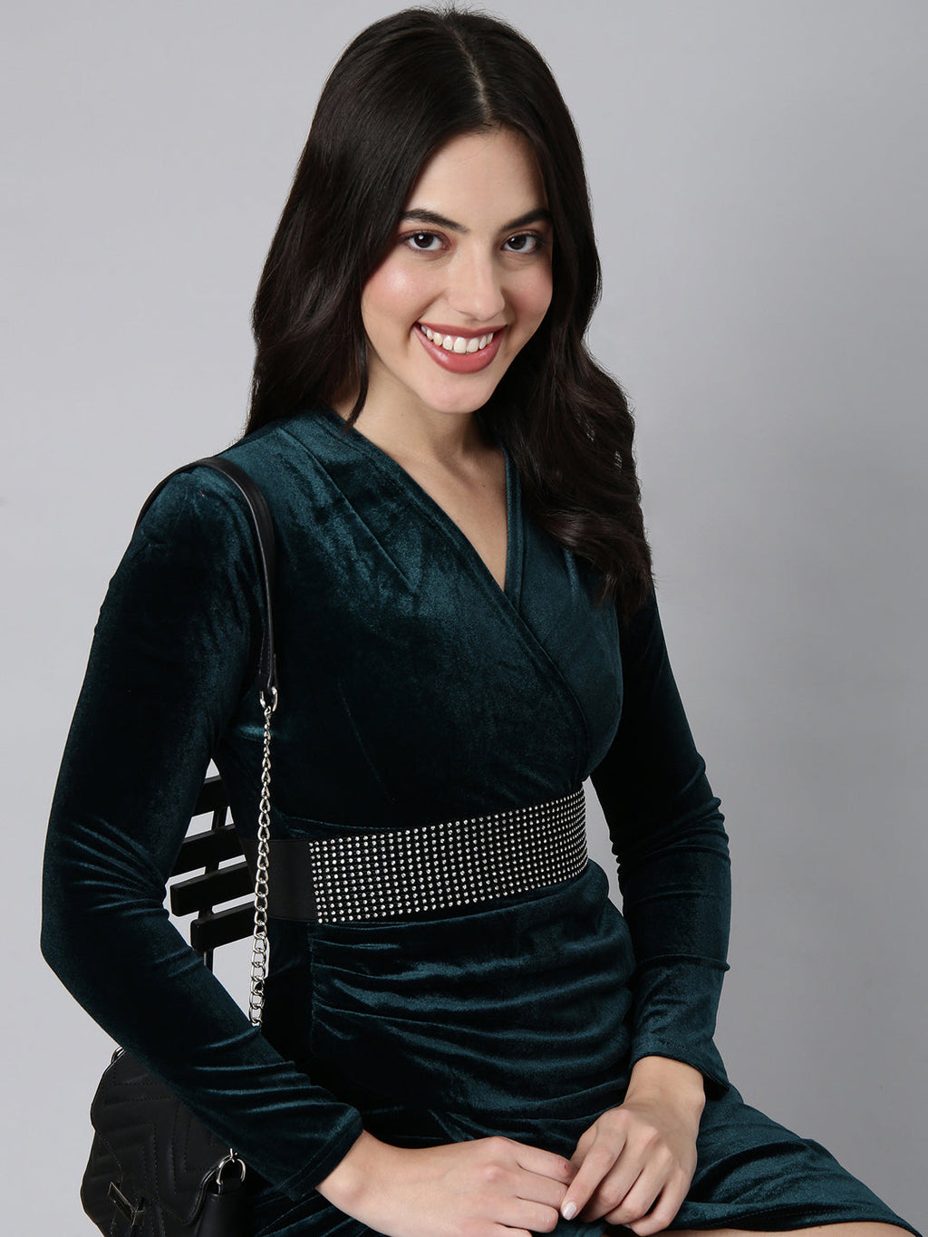 Women's Solid Green Sheath Dress with Belt