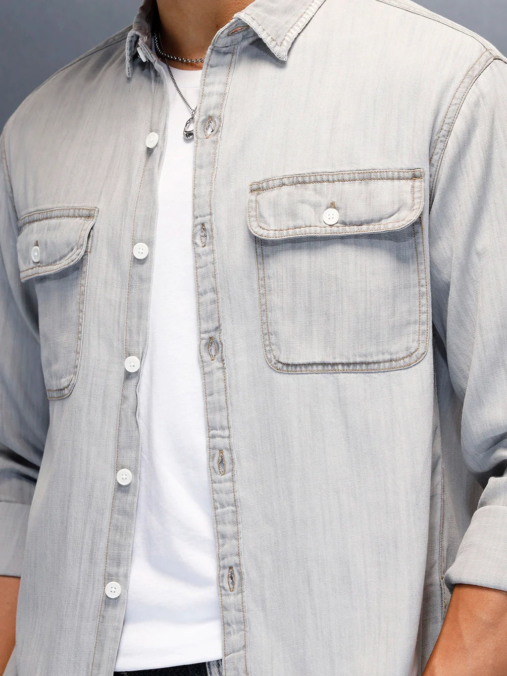 Men's Casual Washed Comfort Fit Denim Shirt | Grey