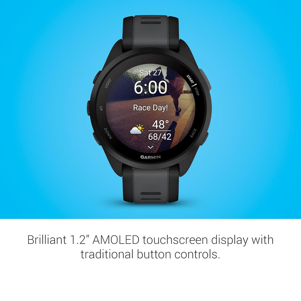 Garmin Forerunner 165, Running Smartwatch with GPS, Colorful AMOLED Display, Training Metrics and Recovery Insights, (Black/Salte Gray)
