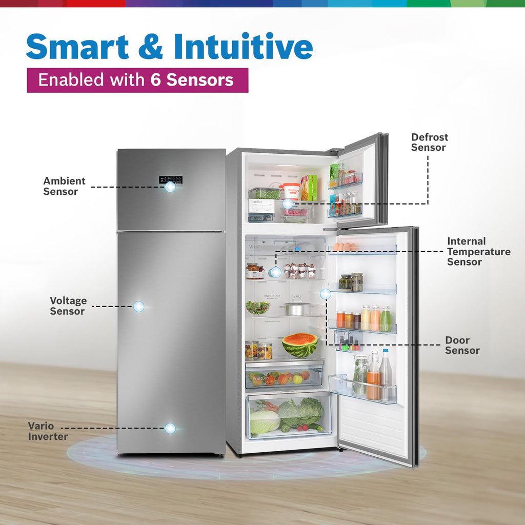 BOSCH Series 4 368 Litres 3 Star Frost Free Double Door Refrigerator (CTC39K03NI, Smoky Steel)