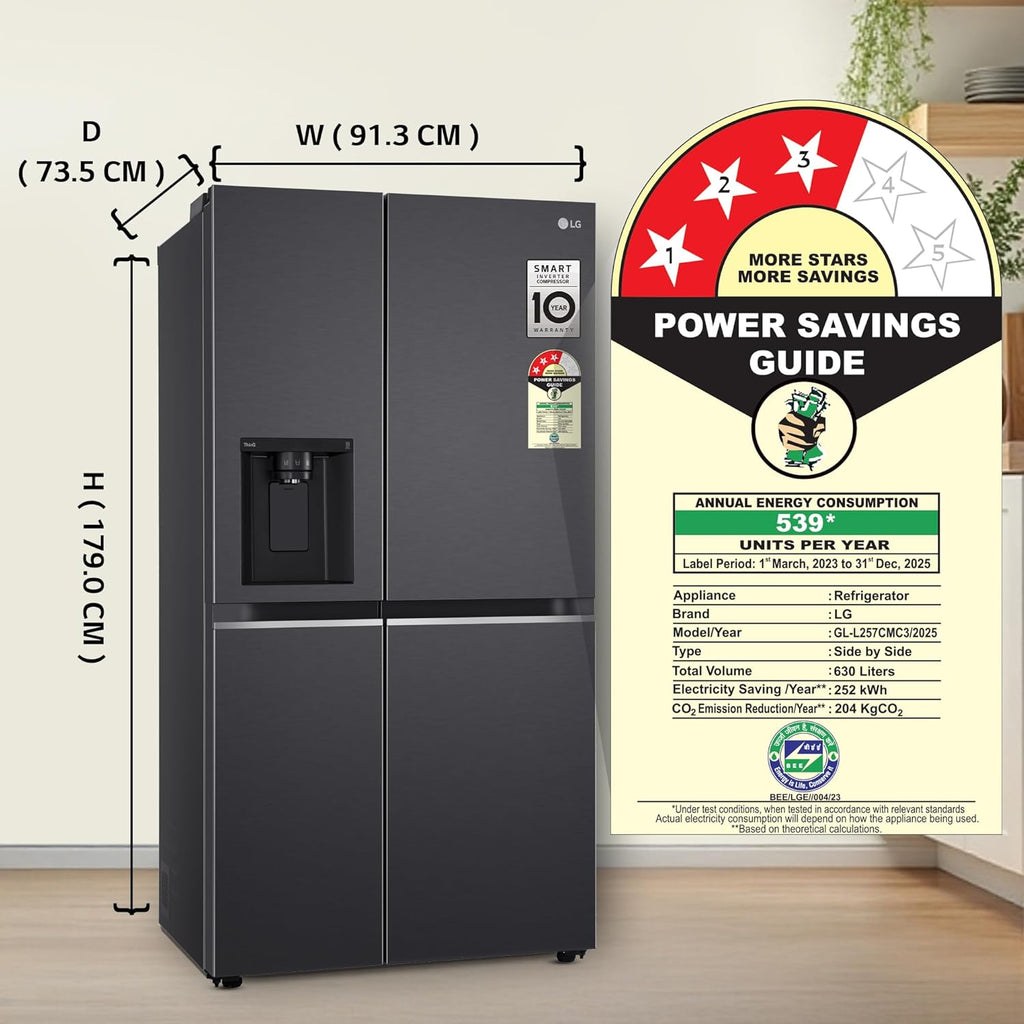LG 630 L, 3 Star, Frost-Free, Double Door, Door Cooling+, Hygiene Fresh+, Smart Inverter, Wi-Fi Convertible Side By Side Refrigerator with AI ThinQ (GL-L257CMC3, Matt Black, Ice & Water Dispenser)