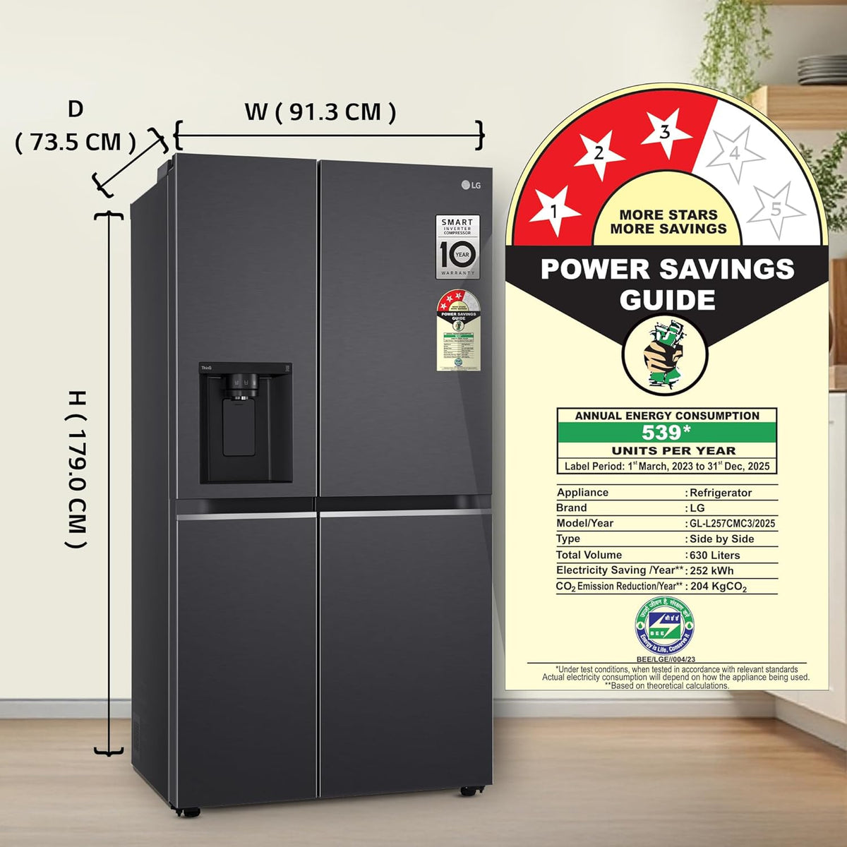 LG 630 L, 3 Star, Frost-Free, Double Door, Door Cooling+, Hygiene Fresh+, Smart Inverter, Wi-Fi Convertible Side By Side Refrigerator with AI ThinQ (GL-L257CMC3, Matt Black, Ice & Water Dispenser)