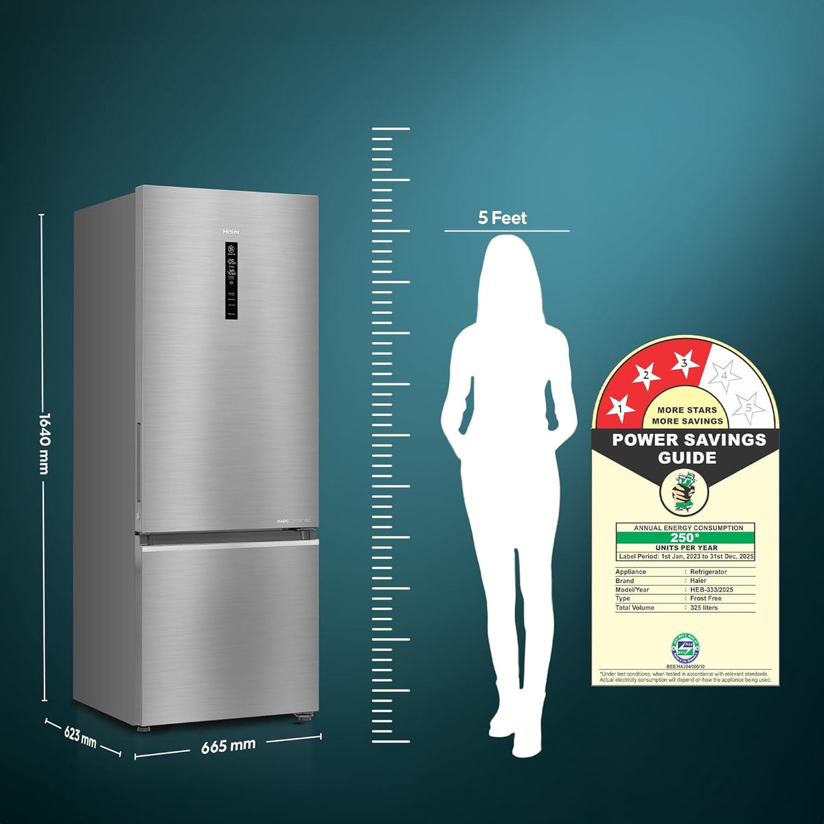 Haier 325 L 3 Star Frost Free Bottom Mount Double Door Refrigerator|Convertible 14-in-1|Jhukna Mat-Bottom Freezer (HEB-333DS-P, Dazzle Steel)