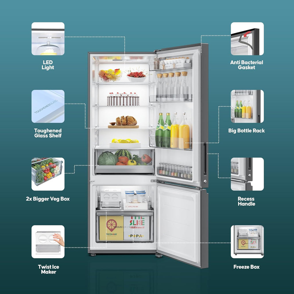 Haier 325 L 3 Star Frost Free Bottom Mount Double Door Refrigerator|Convertible 14-in-1|Jhukna Mat-Bottom Freezer (HEB-333DS-P, Dazzle Steel)
