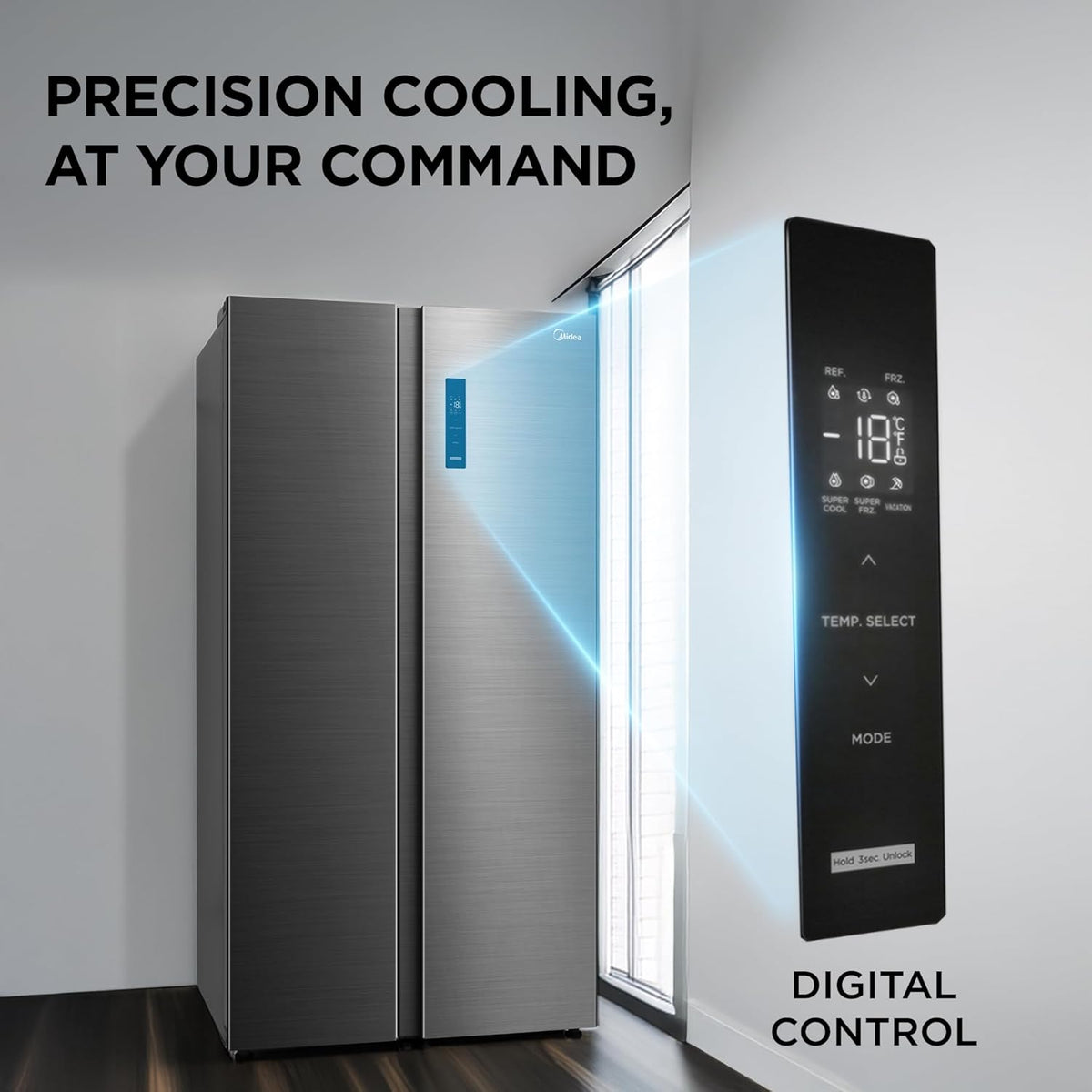 Midea 563 L Side By Side, frost free,Digital Display,Stabilizer Free Operation, Inverter compressor Refrigerator (MDRS710FGF46 Bru Steel)