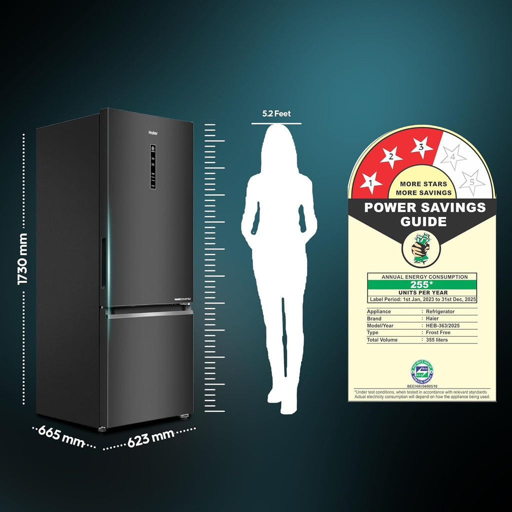 Haier 355 L, 3 Star, Convertible 14-in-1, Triple Inverter & Fan Motor Technology, Bottom Mounted Double Door Refrigerator (HEB-363MB-P, Graphite Black,)
