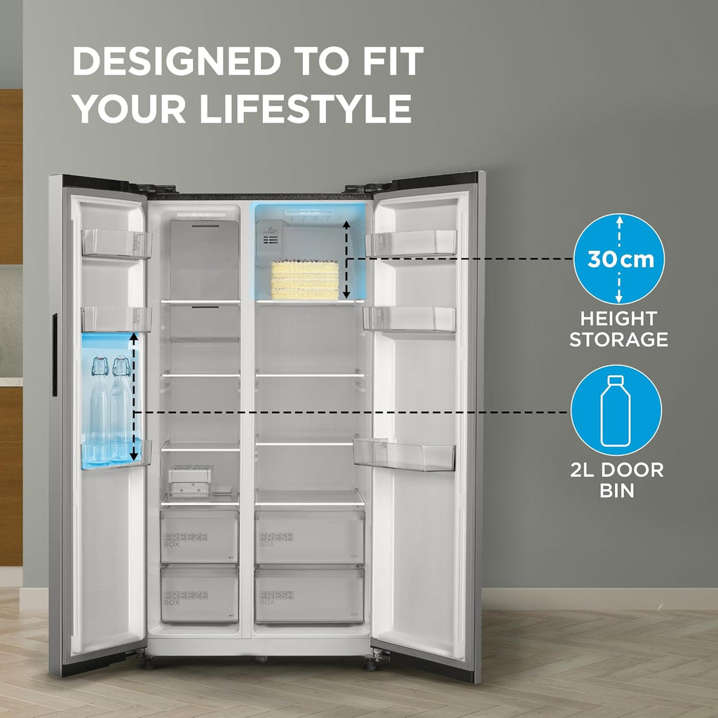Midea 563 L Side By Side, frost free,Digital Display,Stabilizer Free Operation, Inverter compressor Refrigerator (MDRS710FGF46 Bru Steel)