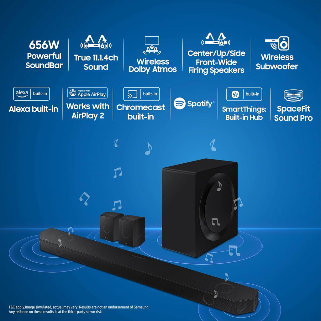 Samsung 656 W 11.1.4 ch (HW-Q990D/XL) Wireless Dolby Atmos Soundbar with Subwoofer, Center/Up/Side Firing Speakers, Surround Sound, Built-in Alexa, AirPlay2, Wi-Fi, Bluetooth, HDMI (Graphite Black)