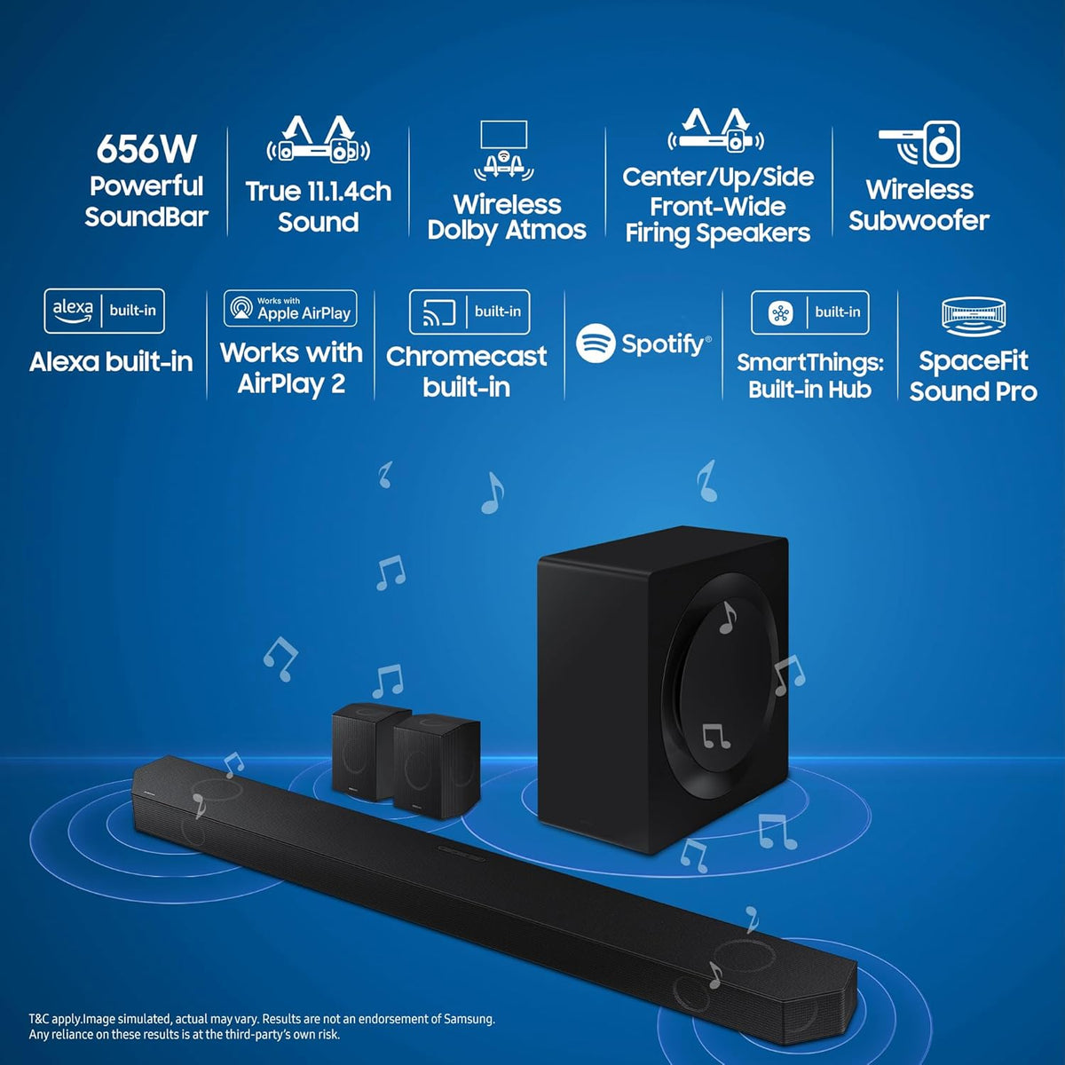 Samsung 656 W 11.1.4 ch (HW-Q990D/XL) Wireless Dolby Atmos Soundbar with Subwoofer, Center/Up/Side Firing Speakers, Surround Sound, Built-in Alexa, AirPlay2, Wi-Fi, Bluetooth, HDMI (Graphite Black)