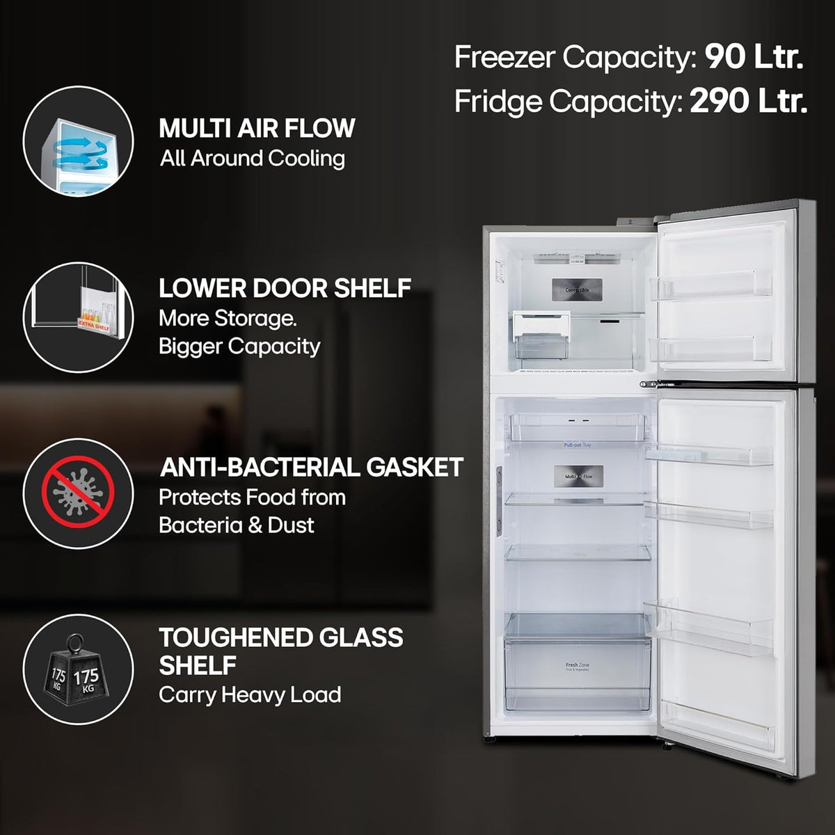 LG 380 L 3 Star Frost-Free Smart Inverter Double Door Refrigerator (GL-S412SPZX, Shiny Steel)