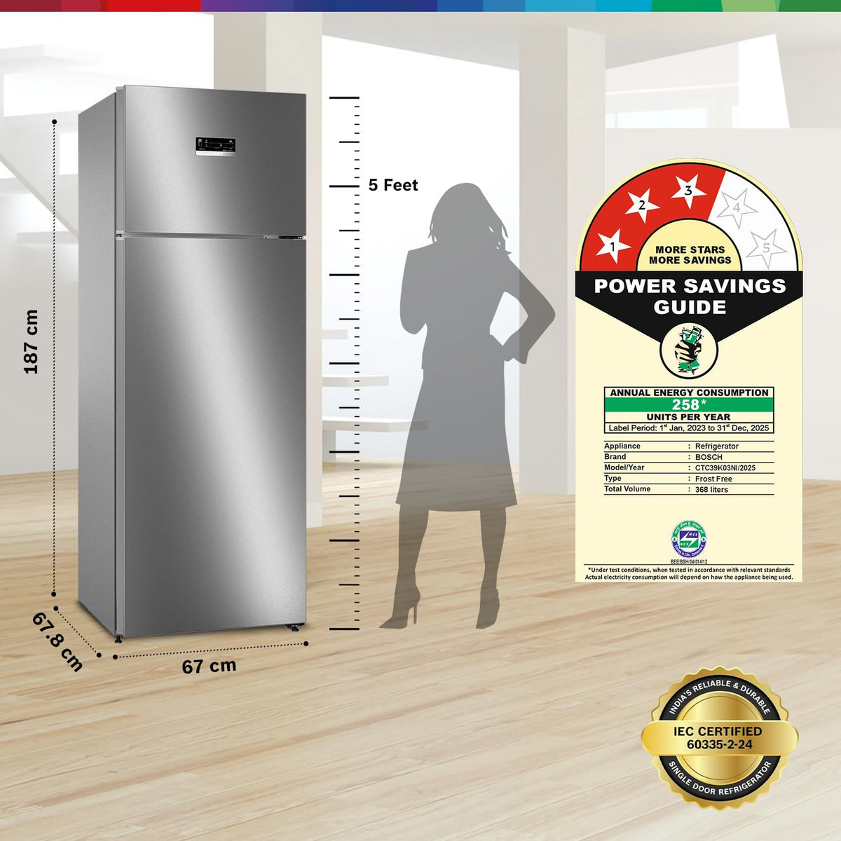 BOSCH Series 4 368 Litres 3 Star Frost Free Double Door Refrigerator (CTC39K03NI, Smoky Steel)