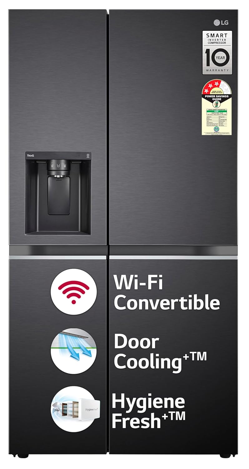 LG 630 L, 3 Star, Frost-Free, Double Door, Door Cooling+, Hygiene Fresh+, Smart Inverter, Wi-Fi Convertible Side By Side Refrigerator with AI ThinQ (GL-L257CMC3, Matt Black, Ice & Water Dispenser)