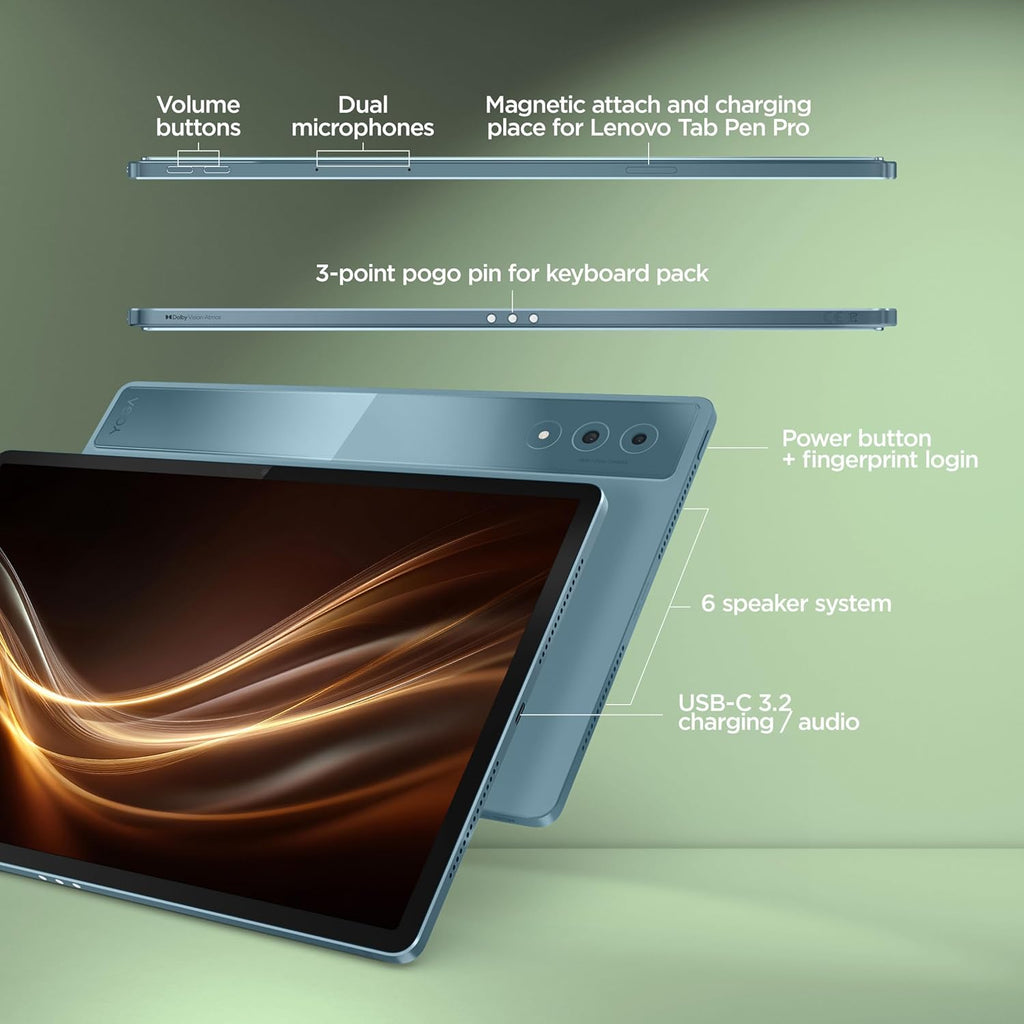 Lenovo Yoga Tab Plus Smartchoice AI Tablet with Pen + Keyboard |12.7" Display, 3K Resolution, 144 Hz|16GB RAM, 512GB ROM|Snapdragon 8 Gen 3|10200 mAh|6 Speakers|USB 3.0 with DP-Out|1Year ADP Free|Teal