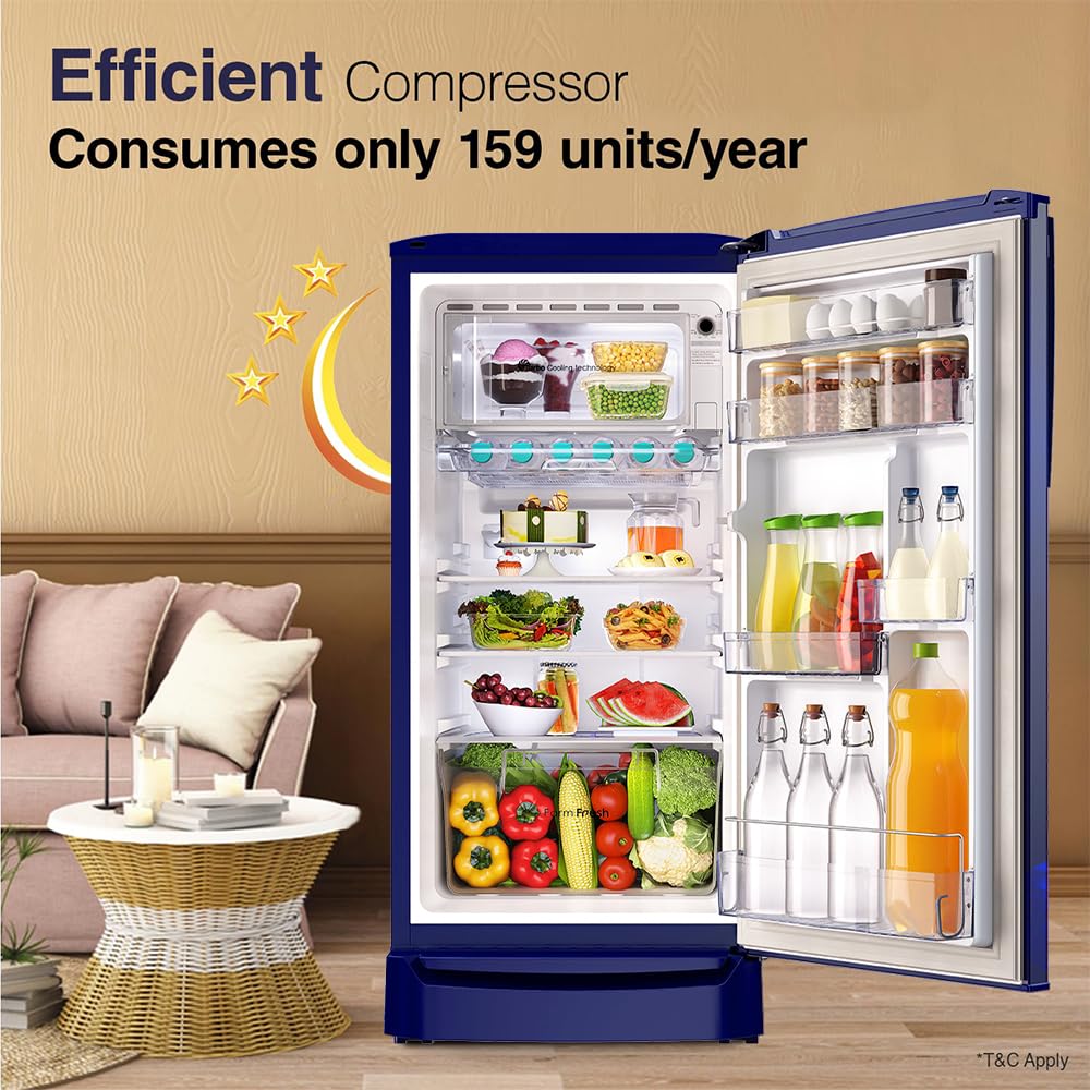 Godrej 183 L 3 Star | Farm Fresh Crisper Technology | Turbo Cooling Technology | Wide Shelf | Direct Cool Single Door Refrigerator(RD R190C WRF NY BL, Navy Blue)
