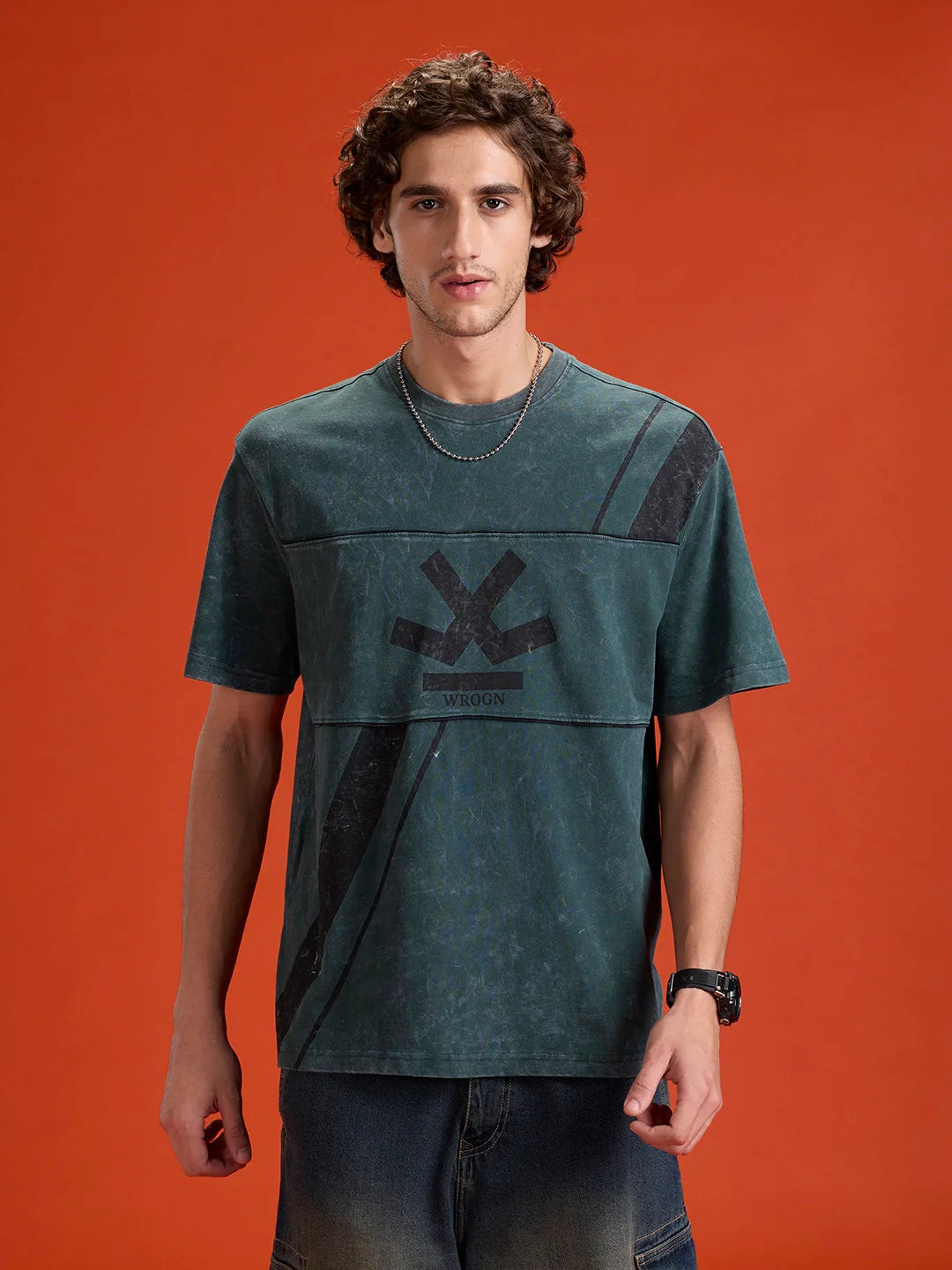 Washed Cut& Sew Graphic Printed Oversized Fit T-Shirt | Dark Green