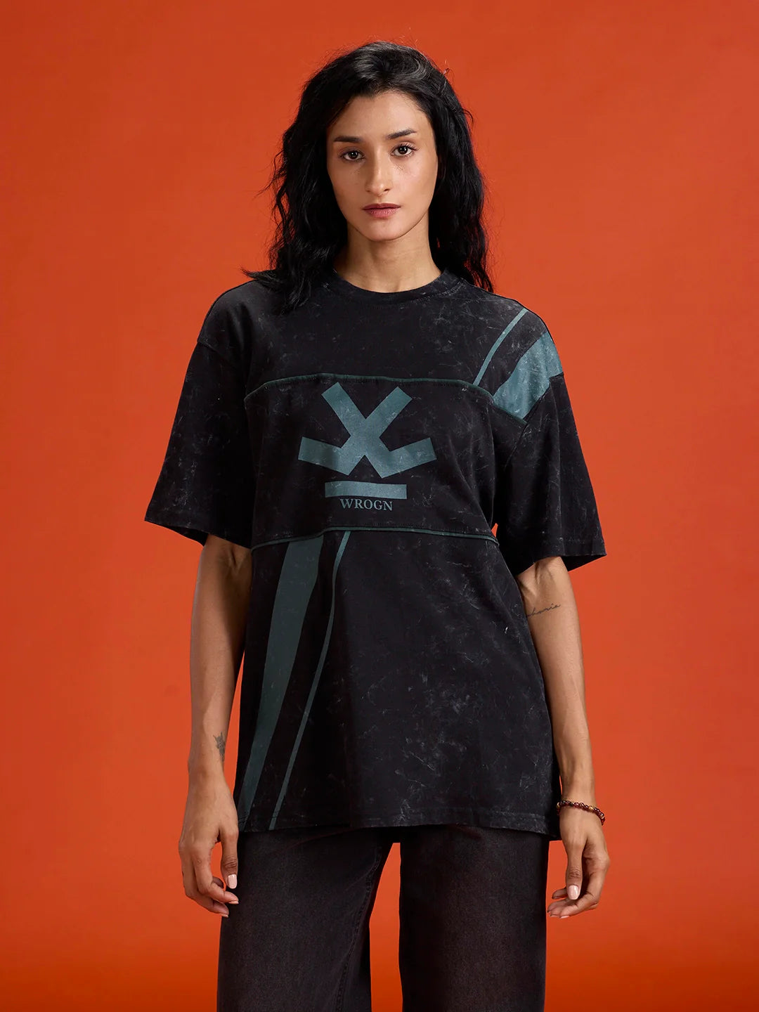 Washed Cut& Sew Graphic Printed Oversized Fit T-Shirt | Black