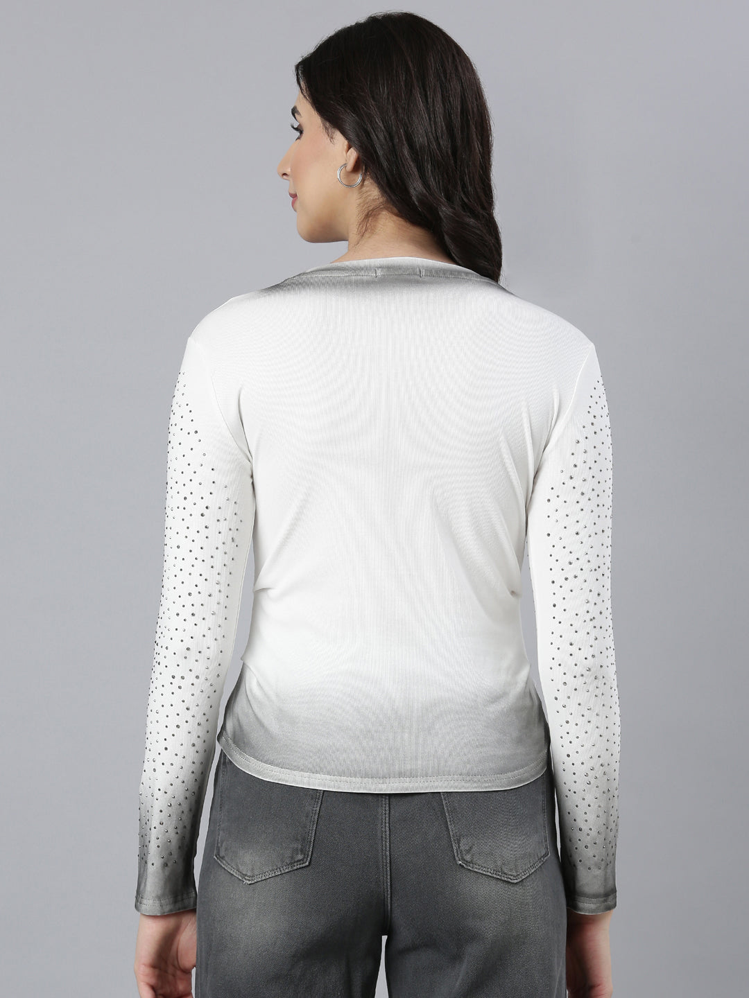 Women's White Polka Dots Printed Round Neck Knitted Studded Top