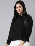 Women's Black High Neck Long Sleeves Satin Top