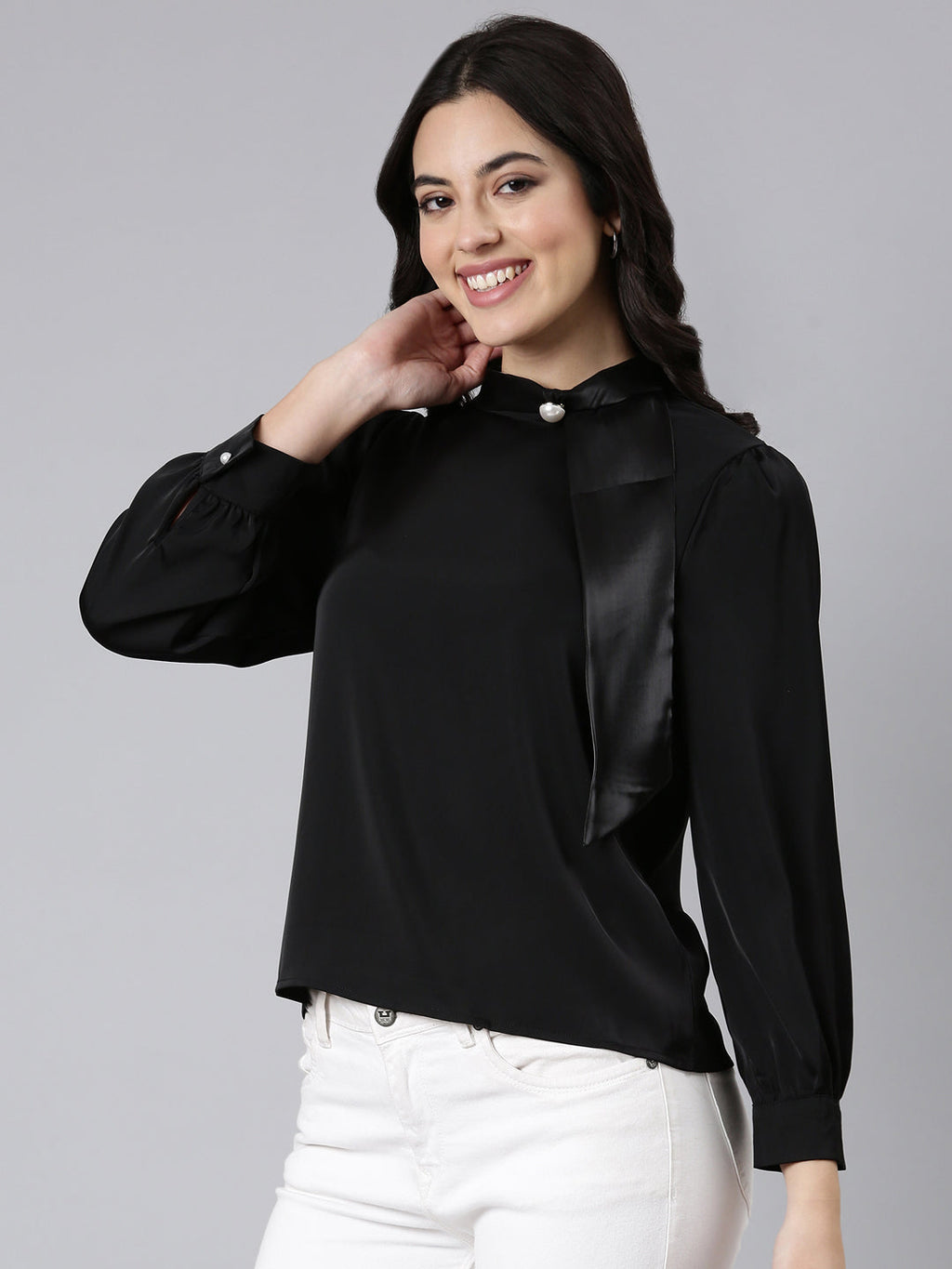 Women's Black High Neck Long Sleeves Satin Top