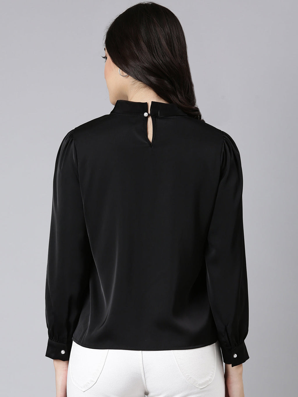 Women's Black High Neck Long Sleeves Satin Top