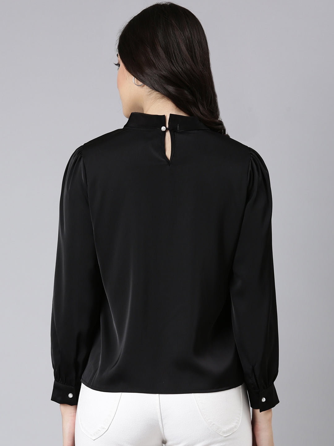 Women's Black High Neck Long Sleeves Satin Top