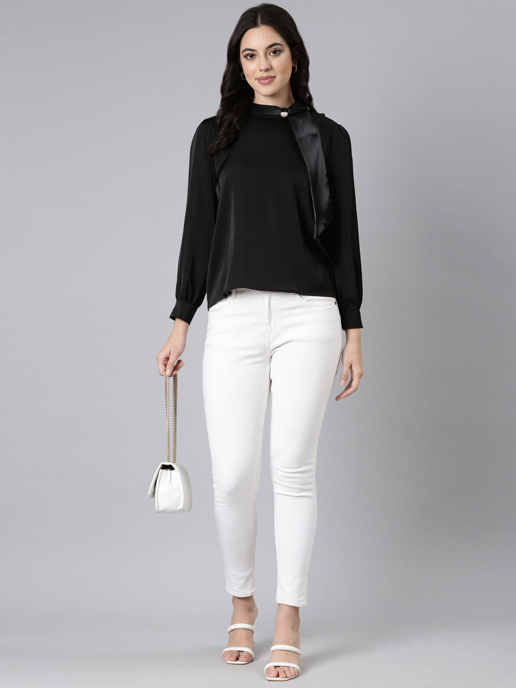Women's Black High Neck Long Sleeves Satin Top